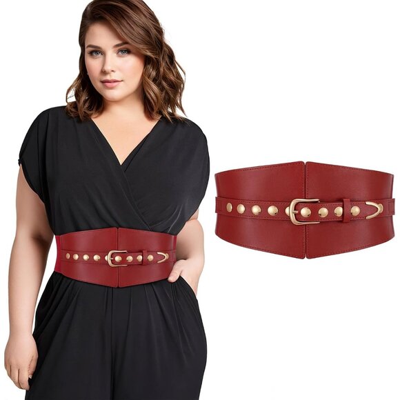 Women Elastic Chunky Stretchy Elegance Belt with Gold Rivets Buckle Daily Red - Picture 7 of 7